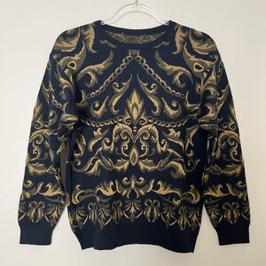 Elegant Midnight Blue and Gold Damask Knitted Men's Sweater
